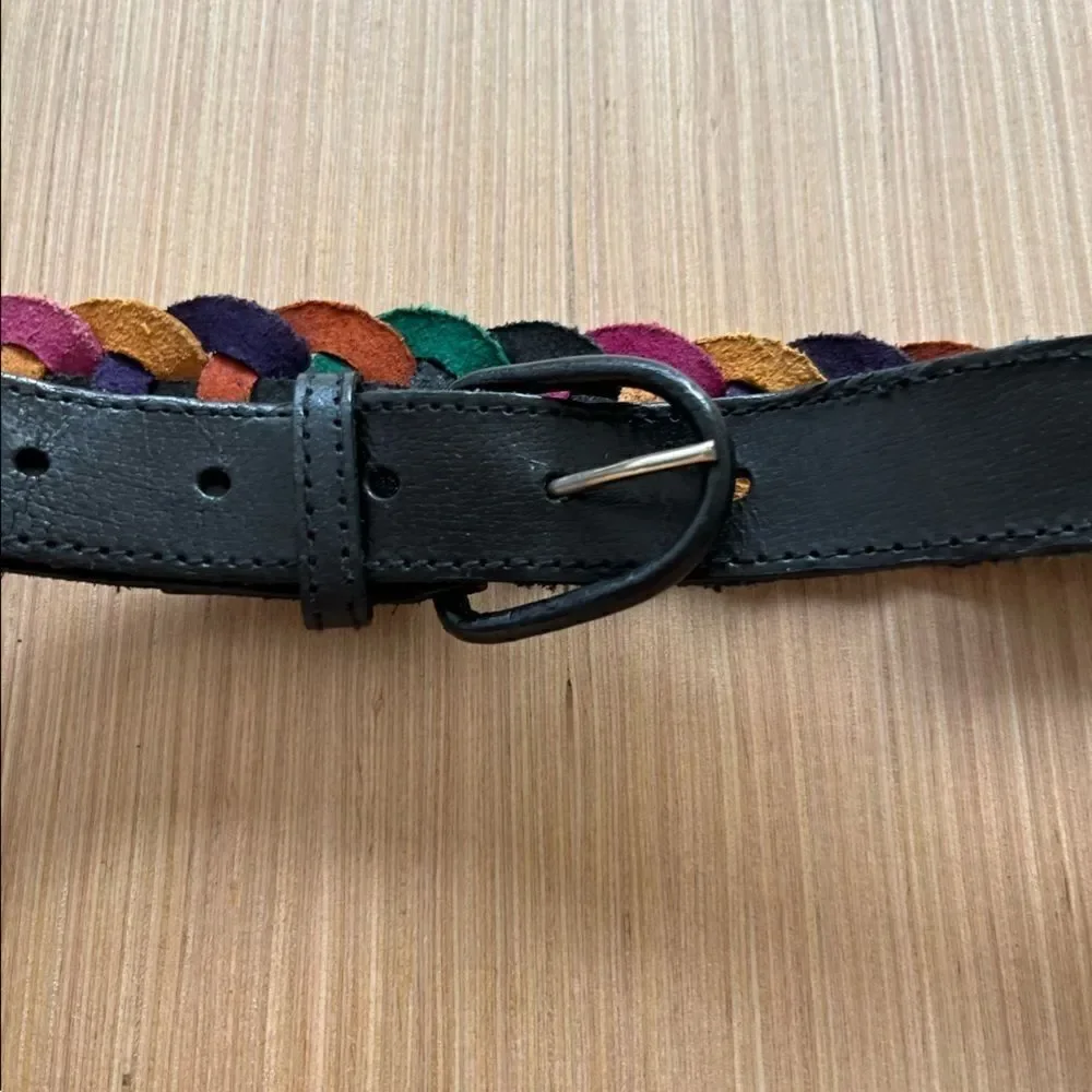Vintage Black Leather Braided Colorful Belt